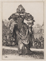KG 06749
<br/>
Figures à la mode: vrouw op marktplein
<br/>
<em>Hooghe, Romeyn de (1645-1708)</em>